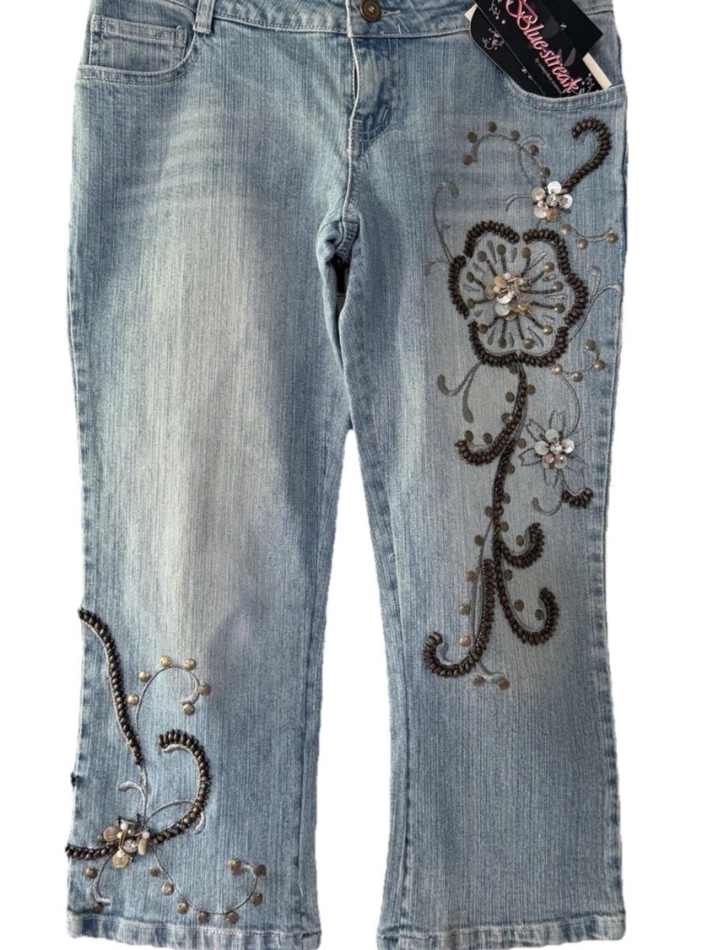 NEW Blue-Streak Denim Crop Jeans Women’s Embellished Cropped Beaded Size 27 NWT